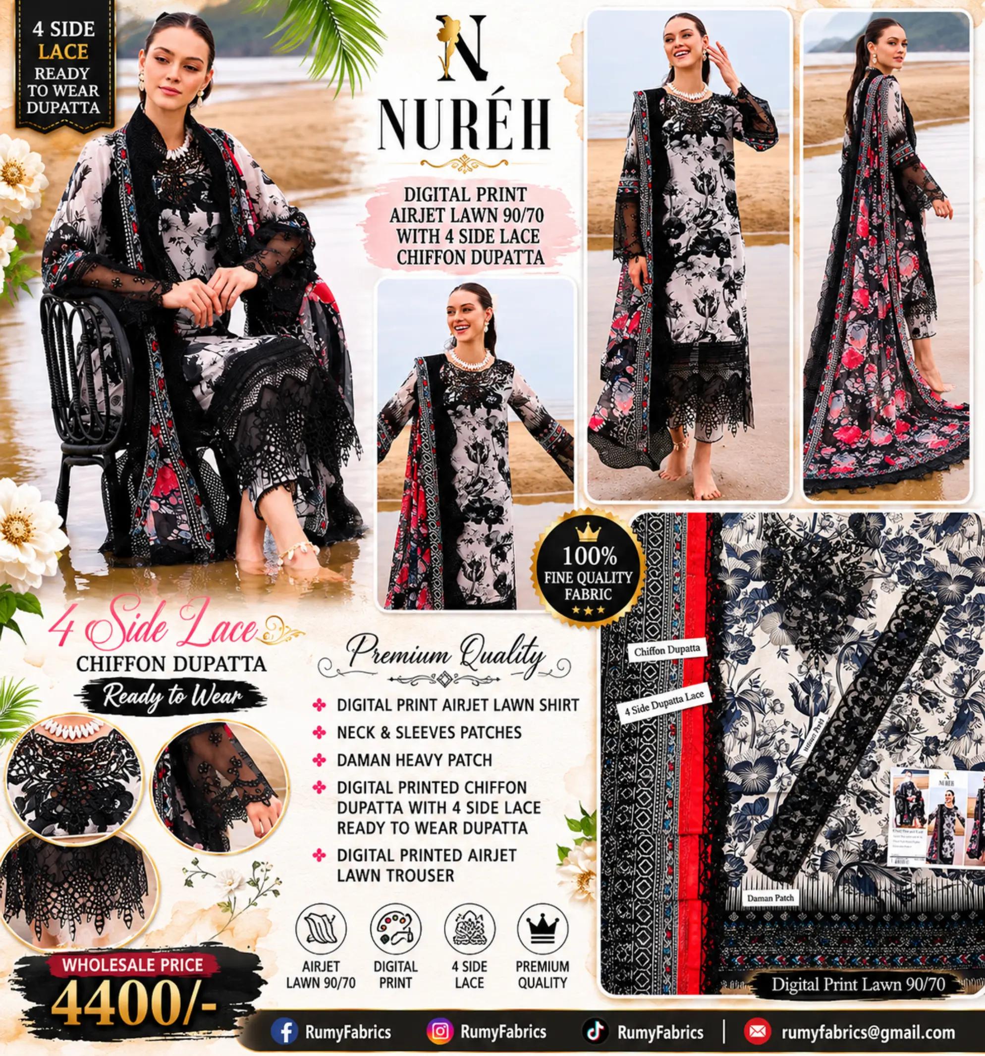 Nurah digital print airjet lawn with 4 side lace