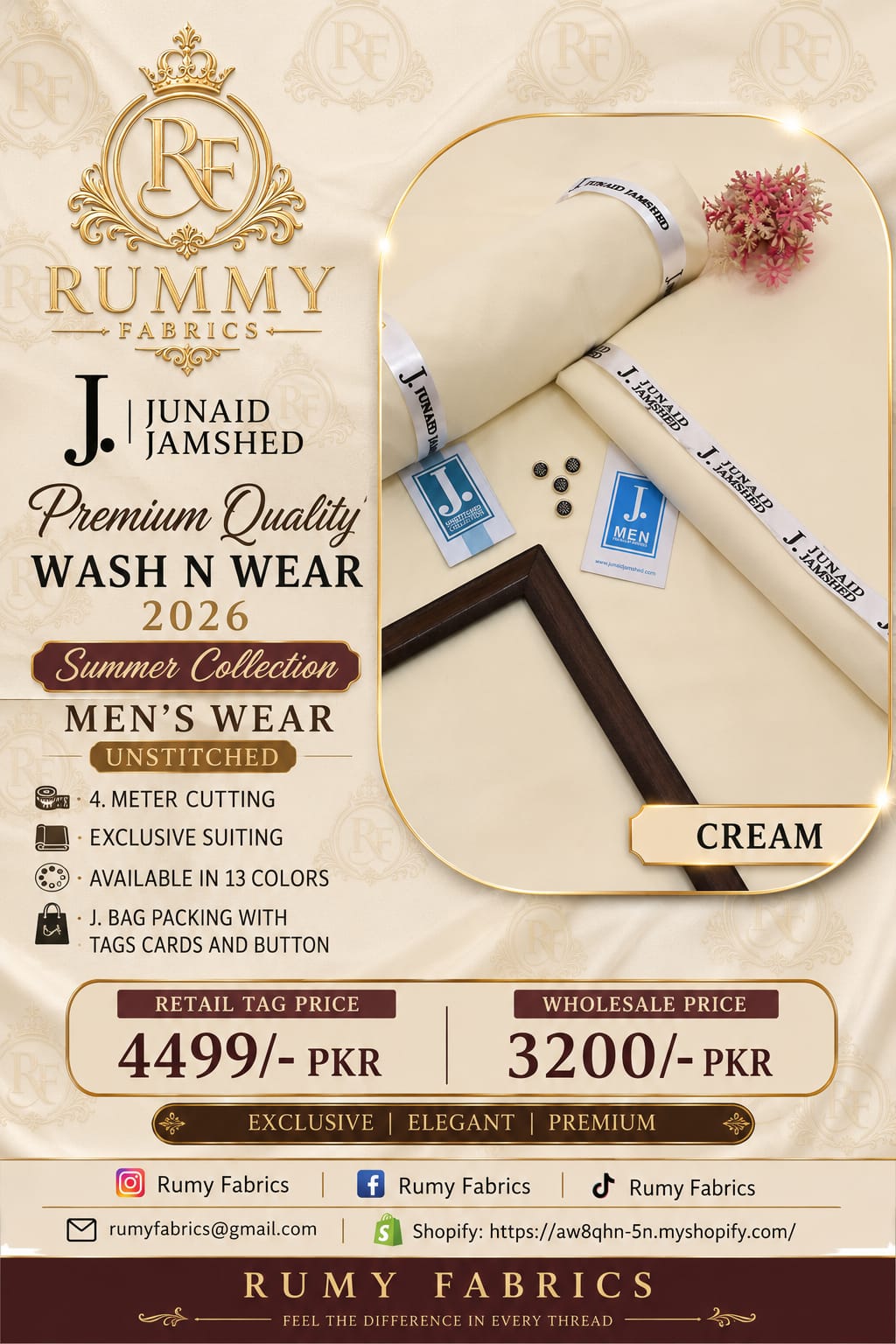 ✨ RUMY FABRICS ✨  Presenting JUNAID JAMSHED Premium Quality Wash N Wear – Summer Collection 2026 🌟