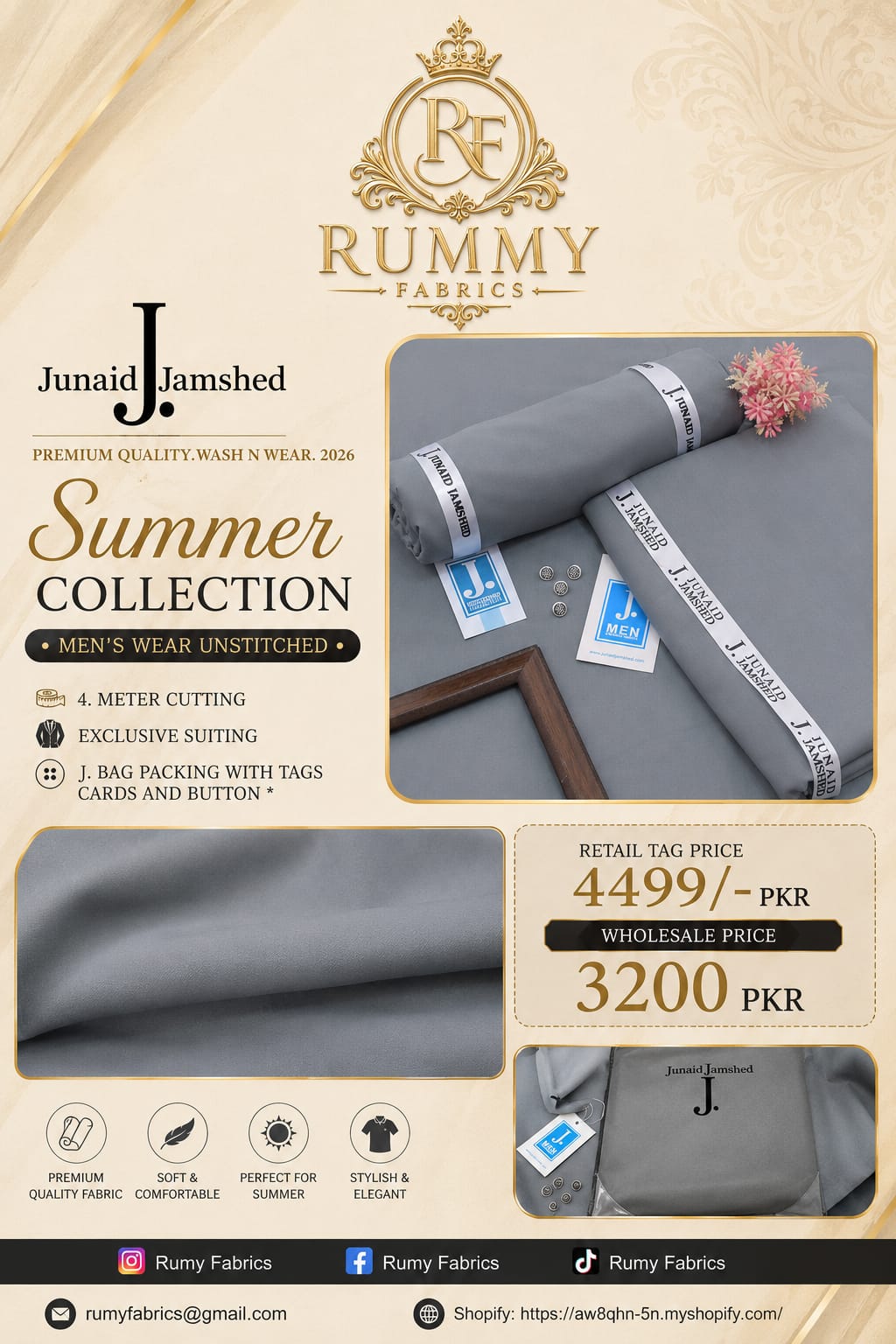 ✨ RUMY FABRICS ✨  Presenting JUNAID JAMSHED Premium Quality Wash N Wear – Summer Collection 2026 🌟