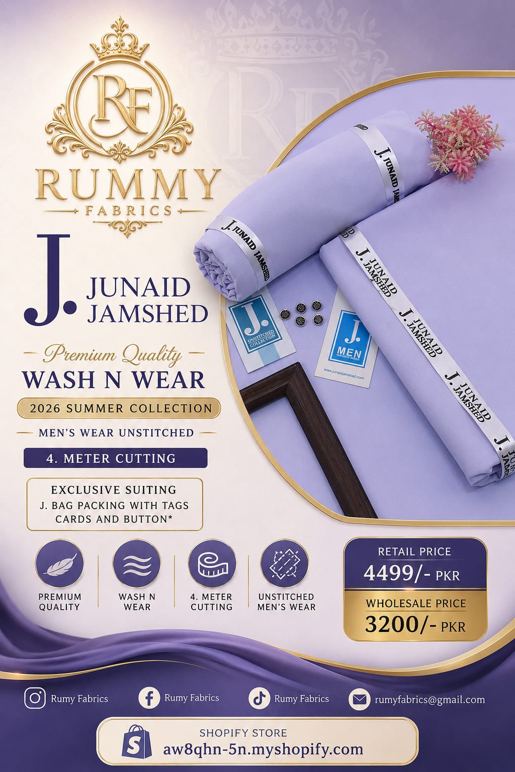 ✨ RUMY FABRICS ✨  Presenting JUNAID JAMSHED Premium Quality Wash N Wear – Summer Collection 2026 🌟