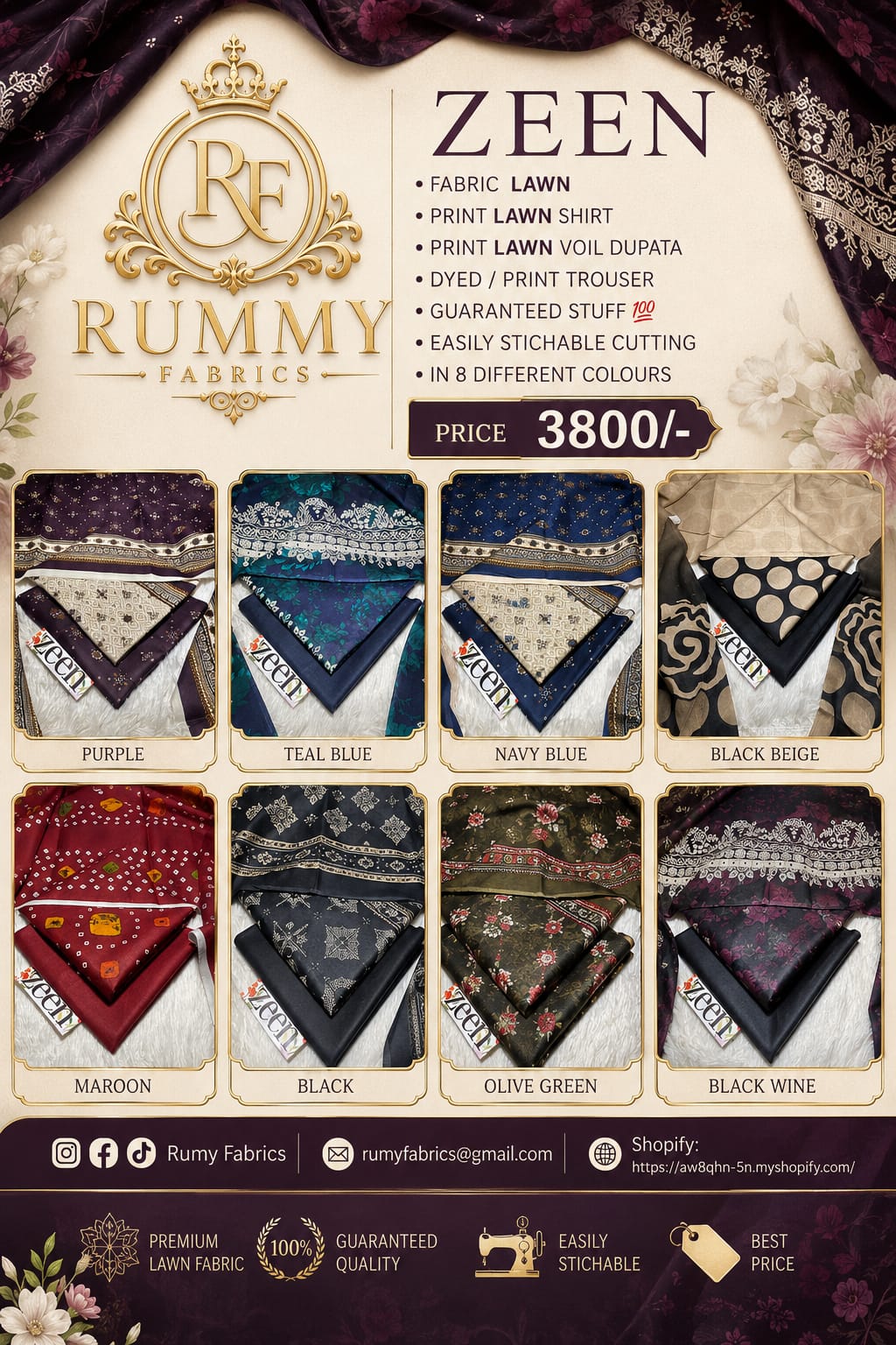 118. ✨ ZEEN Lawn Collection by Rumy Fabrics ✨  Upgrade your wardrobe with our elegant ZEEN Collection, crafted with premium quality lawn fabric for a graceful and comfortable look. 🌸