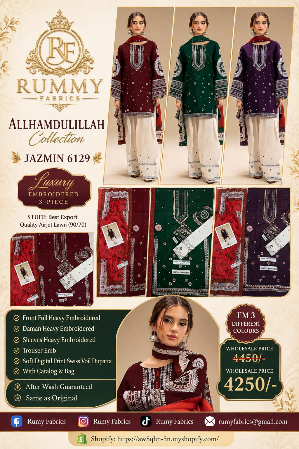 120. ✨ ALLHAMDULILLAH Collection ✨  🌸 JAZMIN 6129 – Luxury Embroidered 3 Piece