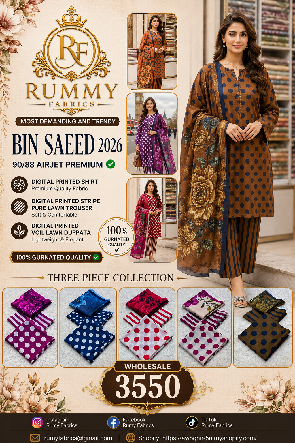 127. Bin Saeed 2026 Polka Dots Printed 3 Piece Lawn Suit | Airjet Premium