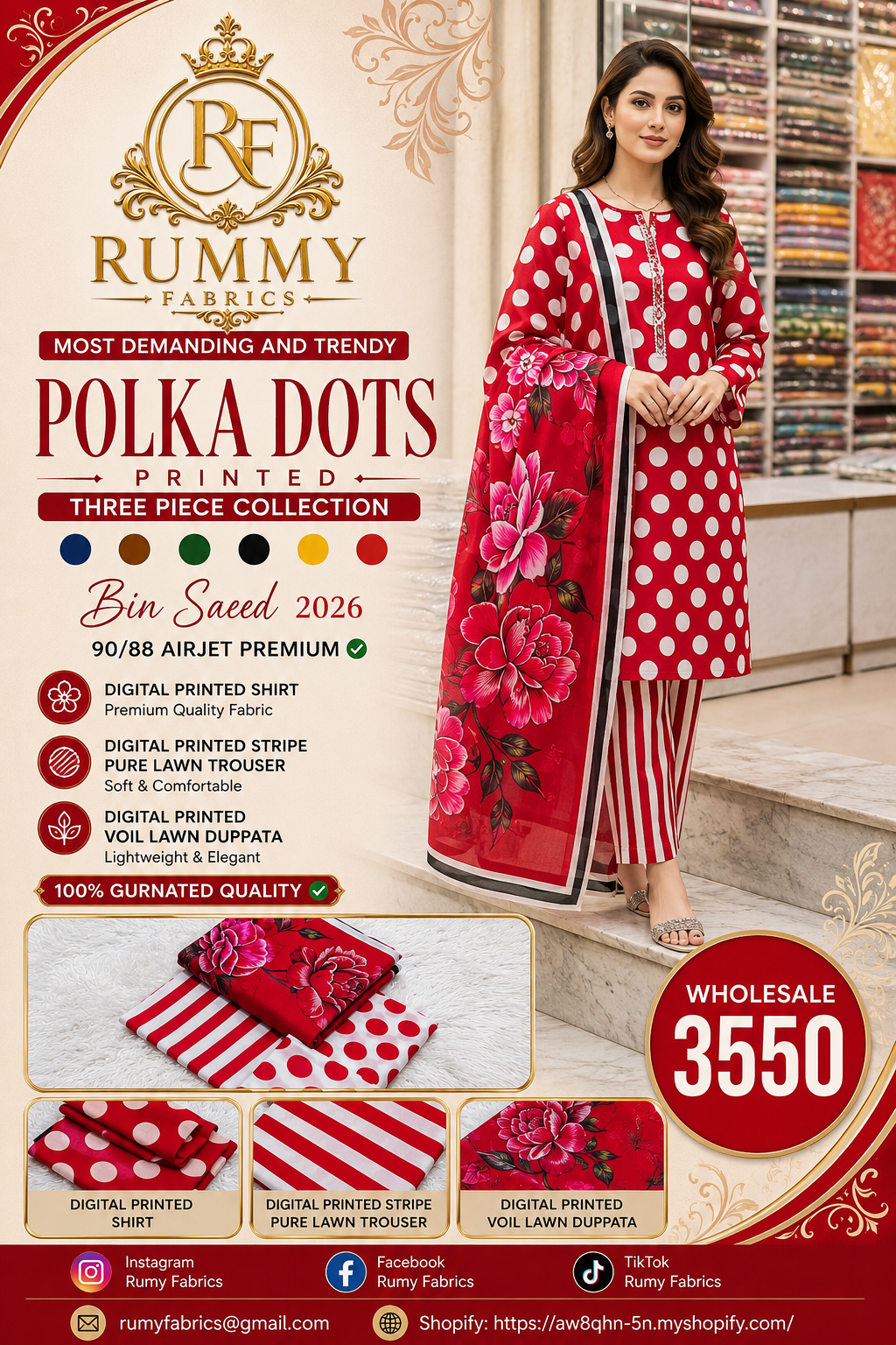 127. Bin Saeed 2026 Polka Dots Printed 3 Piece Lawn Suit | Airjet Premium