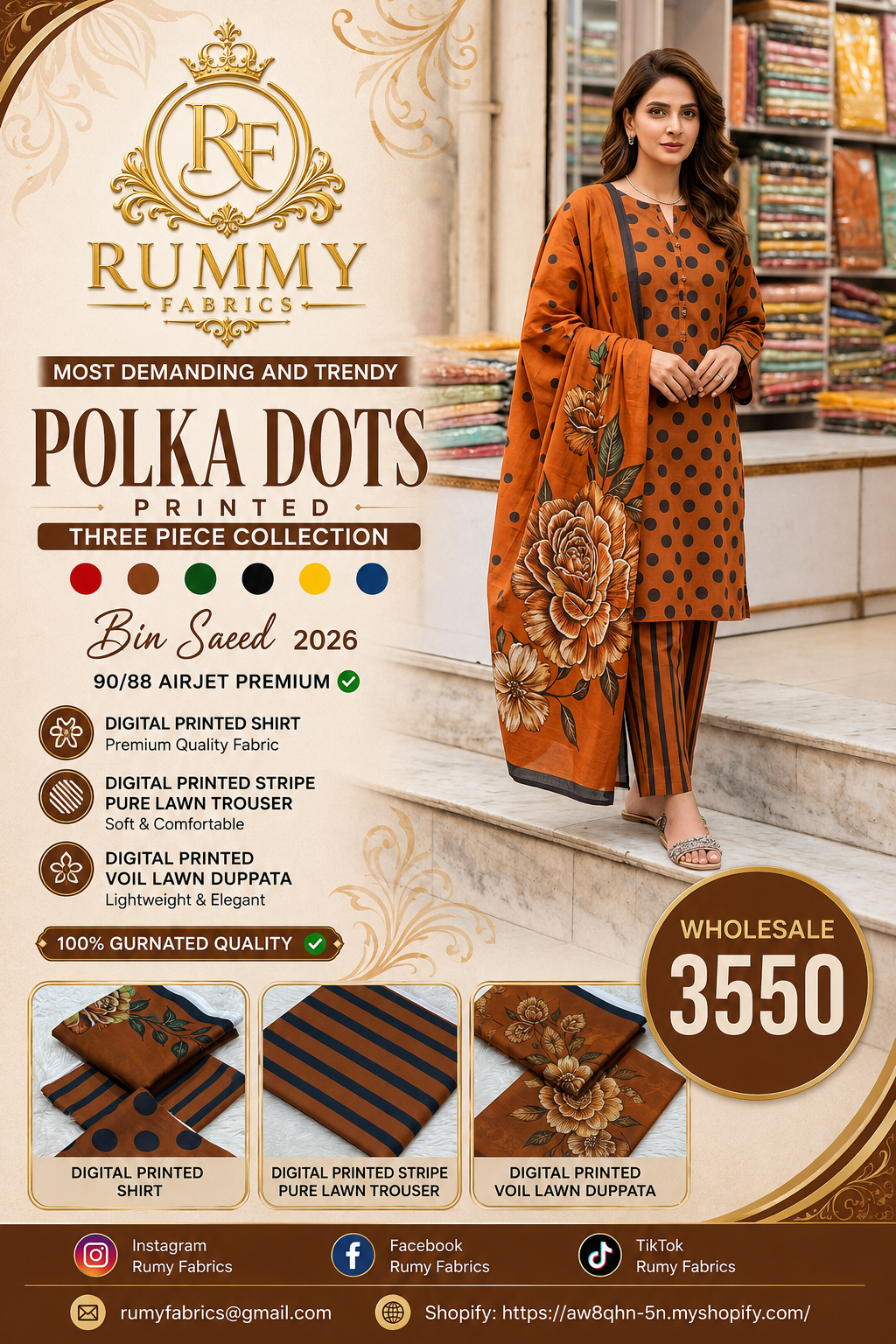 127. Bin Saeed 2026 Polka Dots Printed 3 Piece Lawn Suit | Airjet Premium