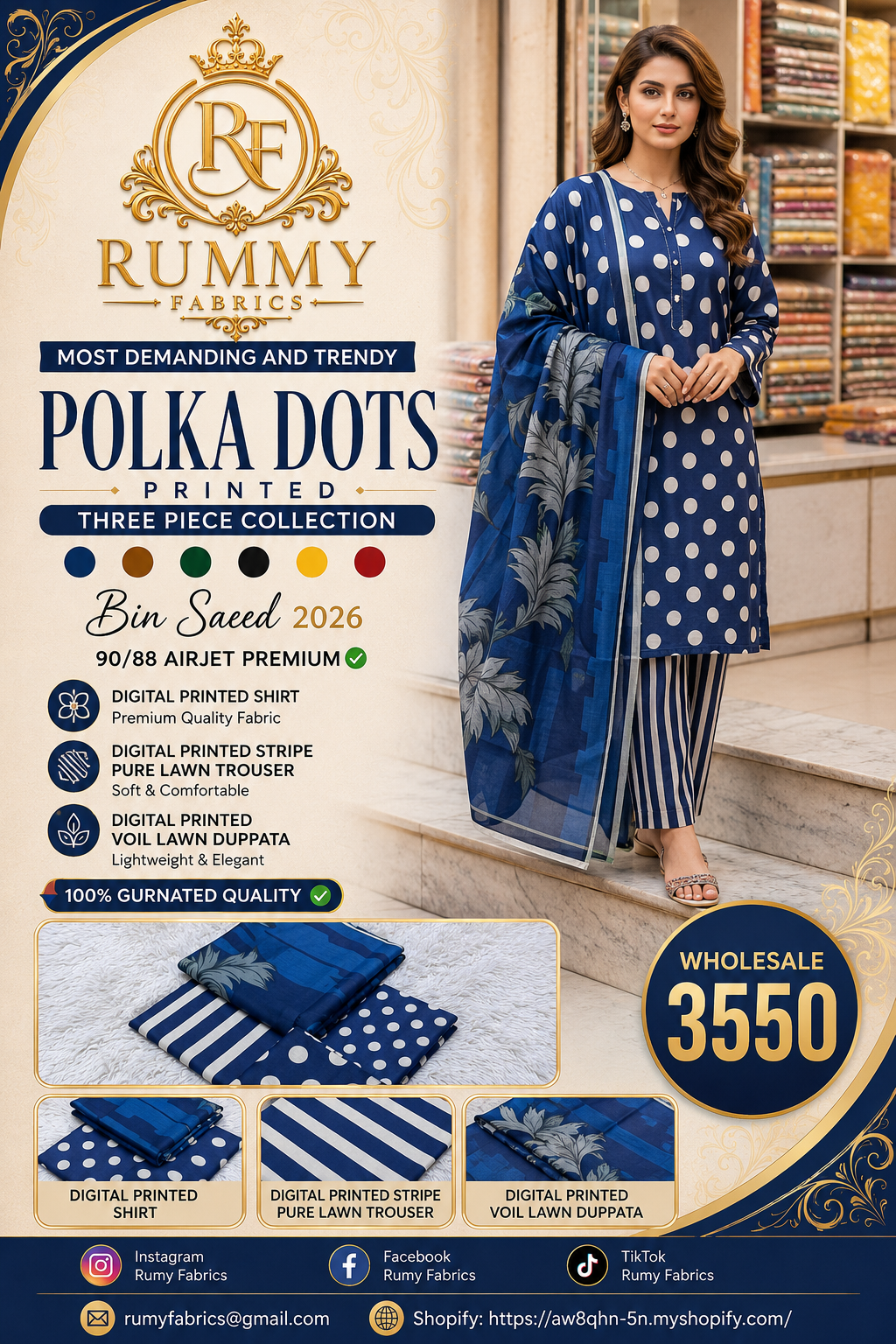 127. Bin Saeed 2026 Polka Dots Printed 3 Piece Lawn Suit | Airjet Premium