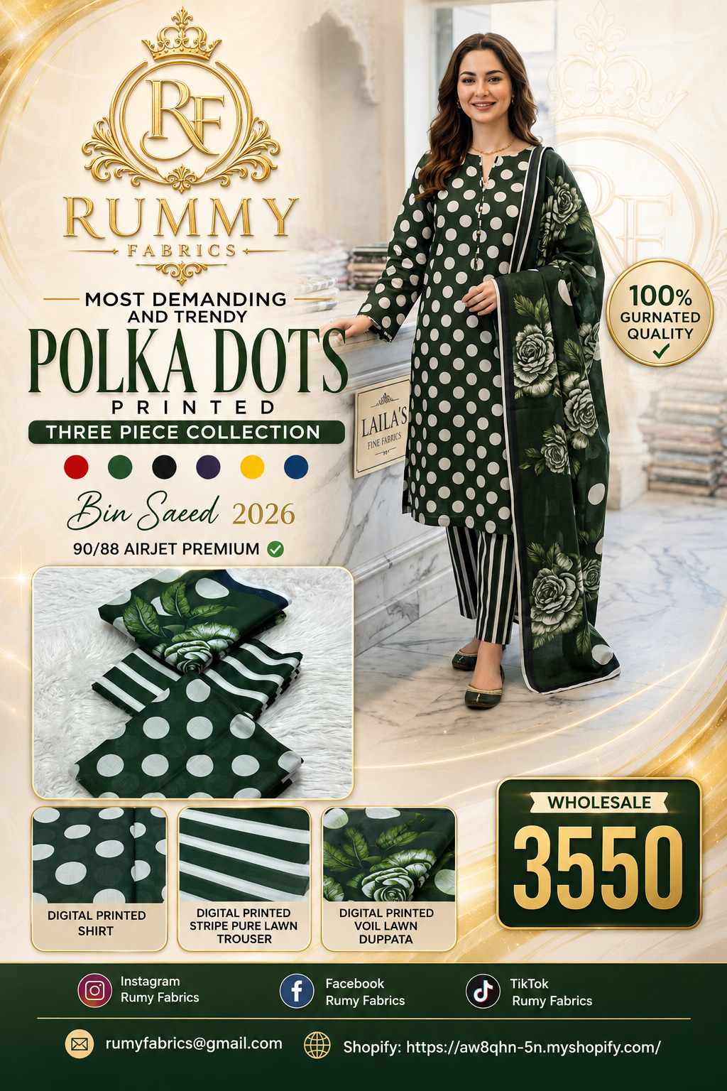 127. Bin Saeed 2026 Polka Dots Printed 3 Piece Lawn Suit | Airjet Premium