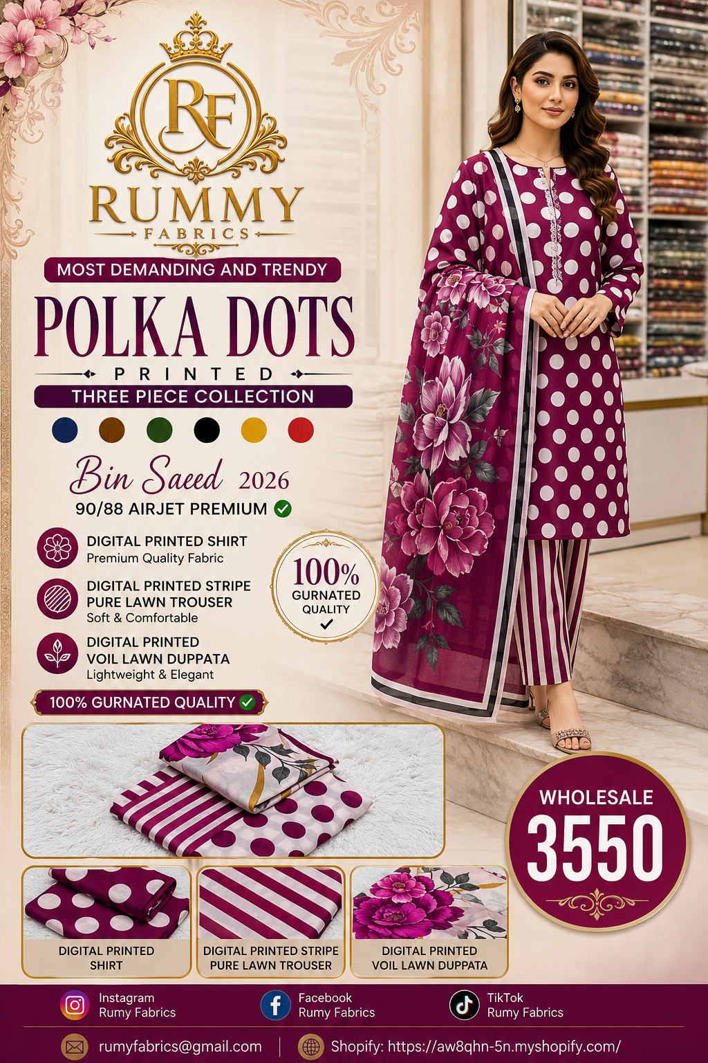 127. Bin Saeed 2026 Polka Dots Printed 3 Piece Lawn Suit | Airjet Premium