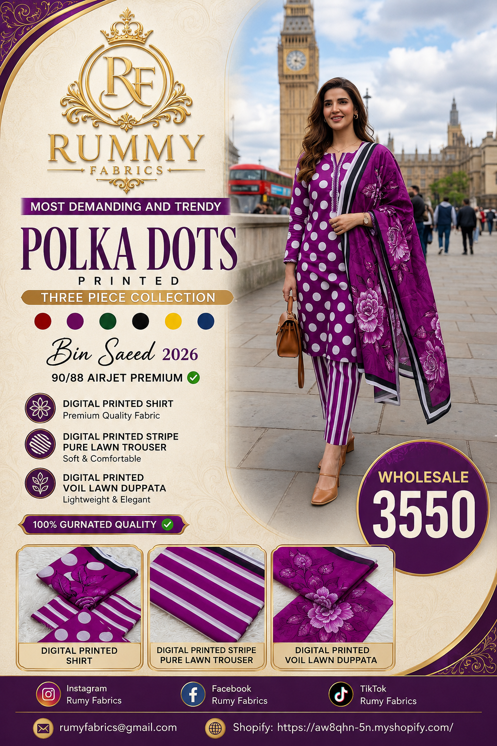 127. Bin Saeed 2026 Polka Dots Printed 3 Piece Lawn Suit | Airjet Premium